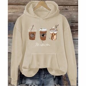 Coffee Themed Casual Cream Colored Graphic Hoodie Size XXL NWT
